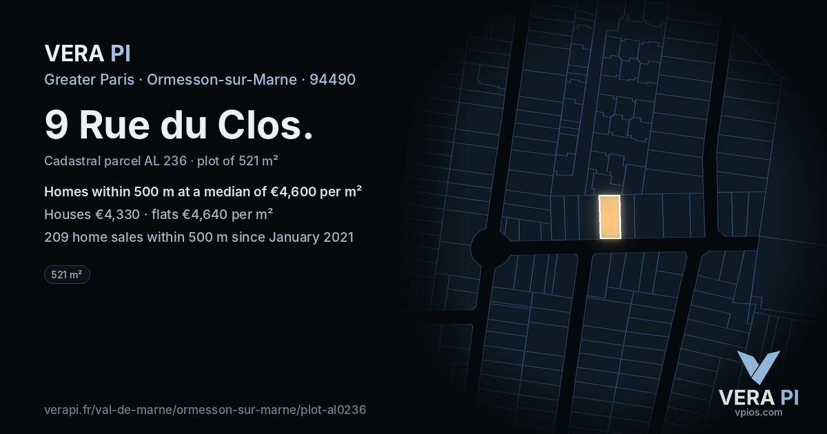 9 Rue du Clos, Ormesson-sur-Marne at night – the plot lit, the parcels around coloured by the prices near them