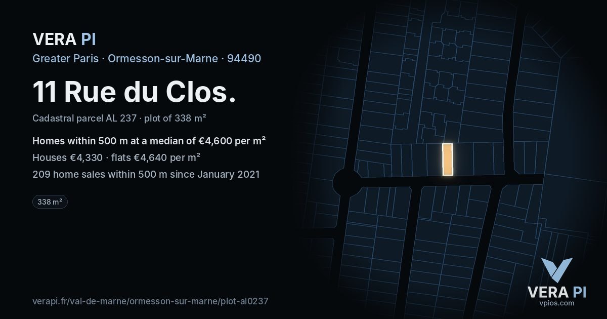 11 Rue du Clos, Ormesson-sur-Marne at night – the plot lit, the parcels around coloured by the prices near them