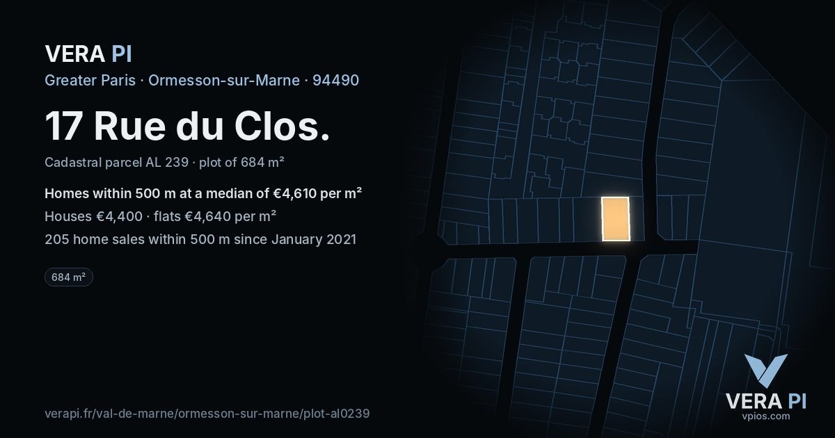 17 Rue du Clos, Ormesson-sur-Marne at night – the plot lit, the parcels around coloured by the prices near them