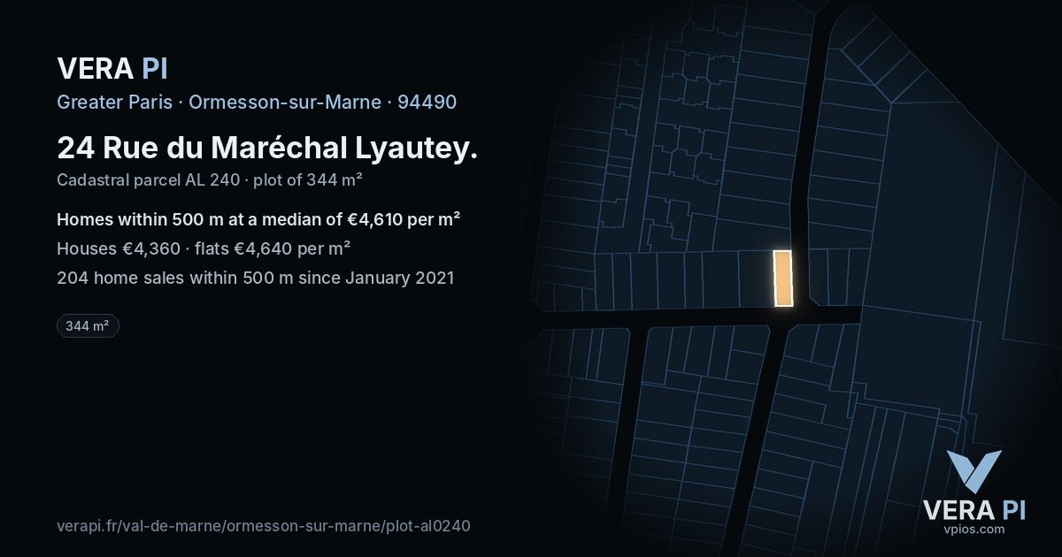 24 Rue du Maréchal Lyautey, Ormesson-sur-Marne at night – the plot lit, the parcels around coloured by the prices near them