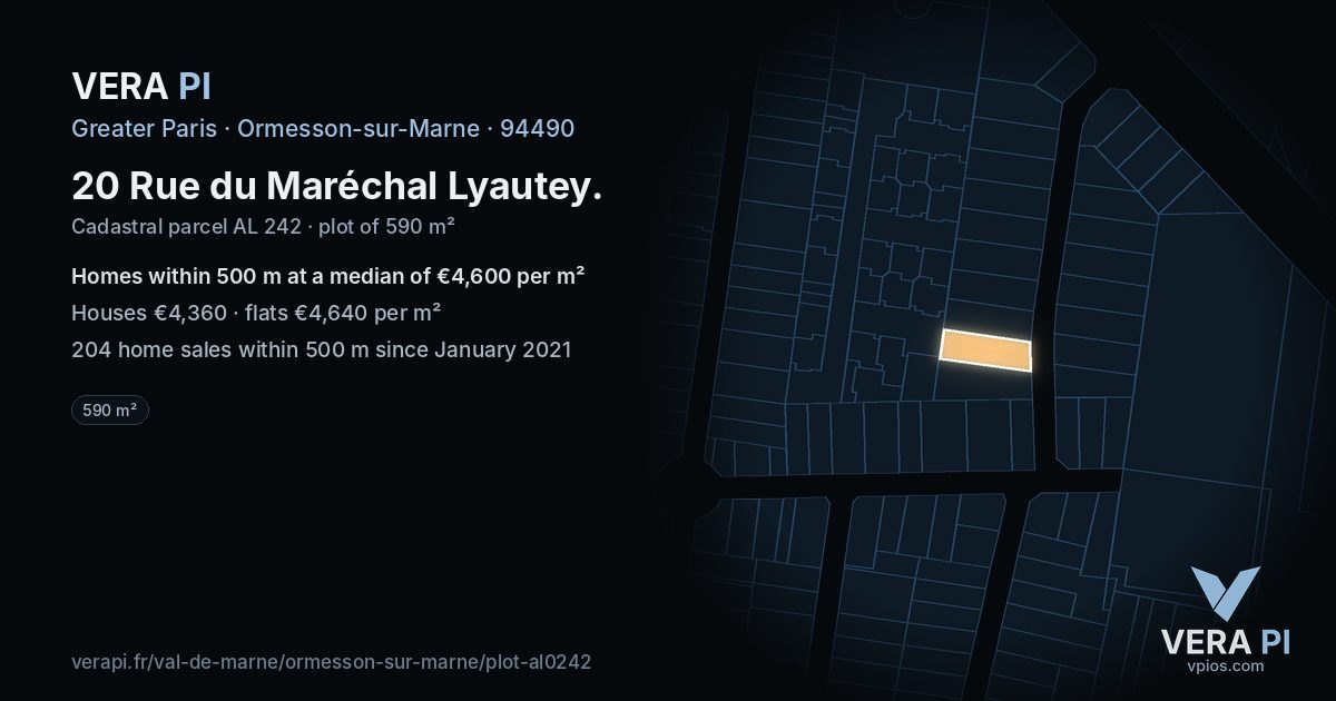 20 Rue du Maréchal Lyautey, Ormesson-sur-Marne at night – the plot lit, the parcels around coloured by the prices near them