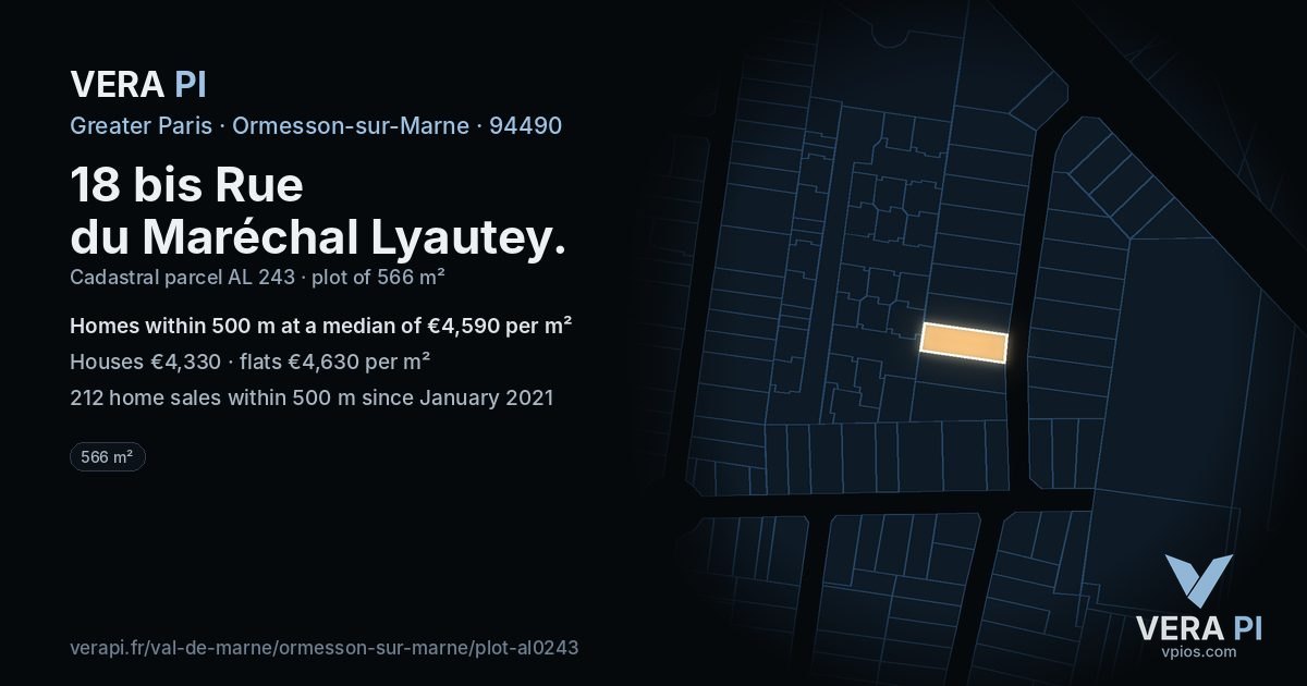 18 bis Rue du Maréchal Lyautey, Ormesson-sur-Marne at night – the plot lit, the parcels around coloured by the prices near them