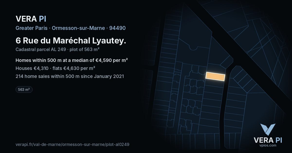 6 Rue du Maréchal Lyautey, Ormesson-sur-Marne at night – the plot lit, the parcels around coloured by the prices near them