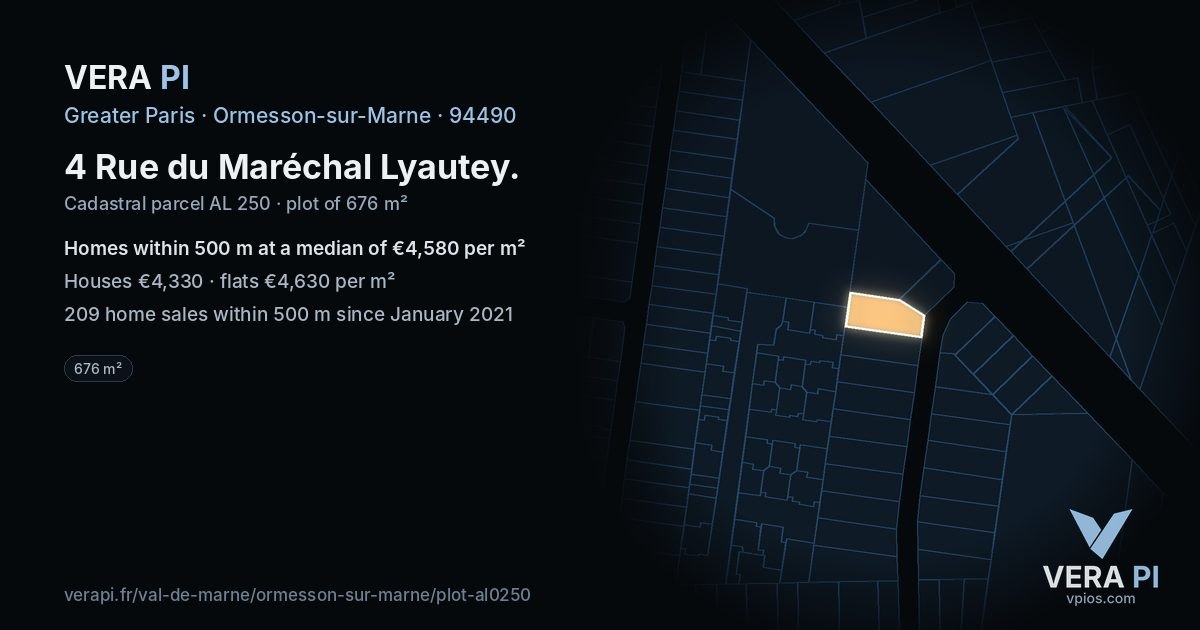 4 Rue du Maréchal Lyautey, Ormesson-sur-Marne at night – the plot lit, the parcels around coloured by the prices near them