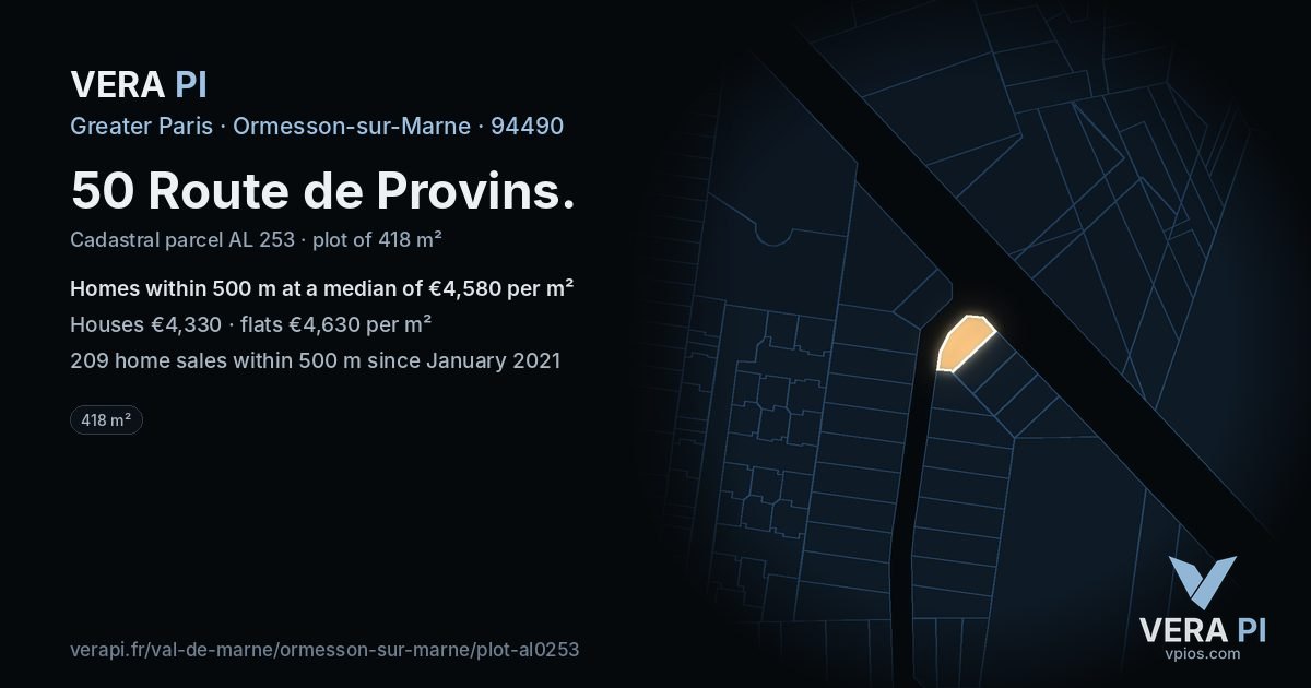 50 Route de Provins, Ormesson-sur-Marne at night – the plot lit, the parcels around coloured by the prices near them