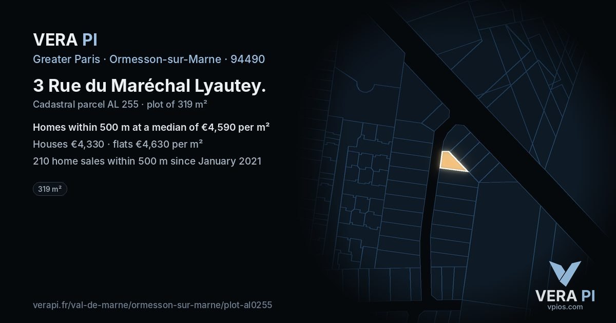 3 Rue du Maréchal Lyautey, Ormesson-sur-Marne at night – the plot lit, the parcels around coloured by the prices near them