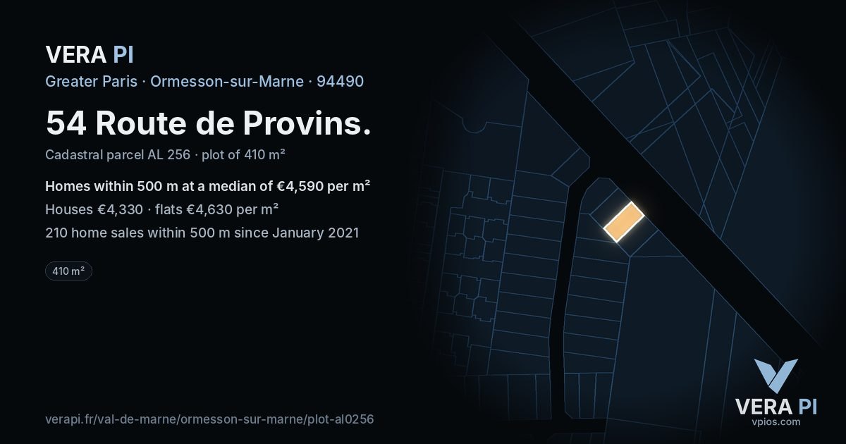 54 Route de Provins, Ormesson-sur-Marne at night – the plot lit, the parcels around coloured by the prices near them