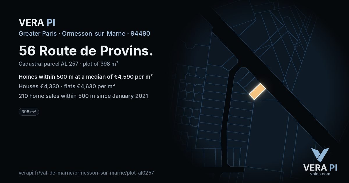 56 Route de Provins, Ormesson-sur-Marne at night – the plot lit, the parcels around coloured by the prices near them