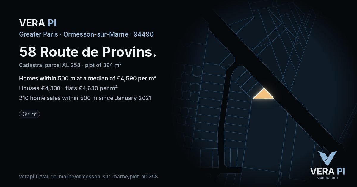 58 Route de Provins, Ormesson-sur-Marne at night – the plot lit, the parcels around coloured by the prices near them
