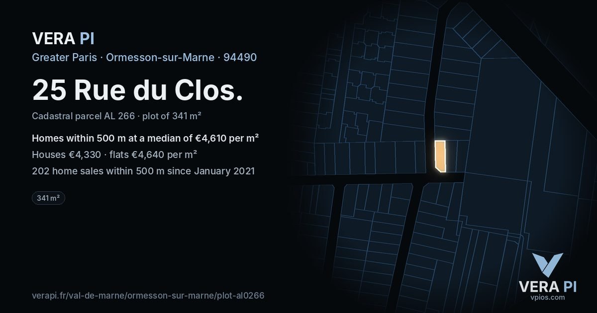 25 Rue du Clos, Ormesson-sur-Marne at night – the plot lit, the parcels around coloured by the prices near them