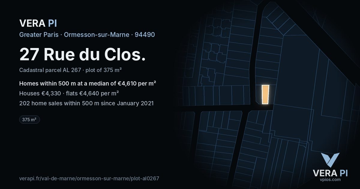 27 Rue du Clos, Ormesson-sur-Marne at night – the plot lit, the parcels around coloured by the prices near them