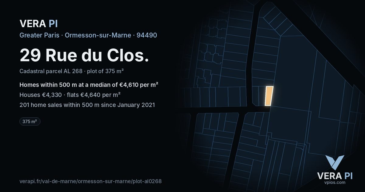 29 Rue du Clos, Ormesson-sur-Marne at night – the plot lit, the parcels around coloured by the prices near them