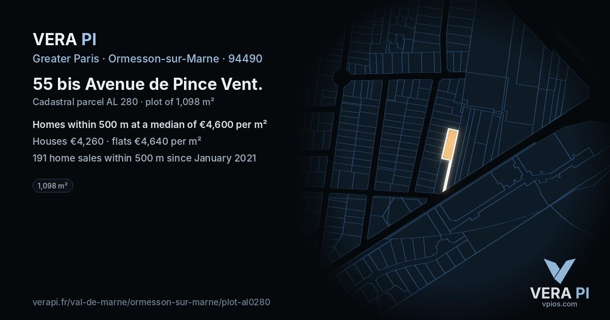55 bis Avenue de Pince Vent, Ormesson-sur-Marne at night – the plot lit, the parcels around coloured by the prices near them