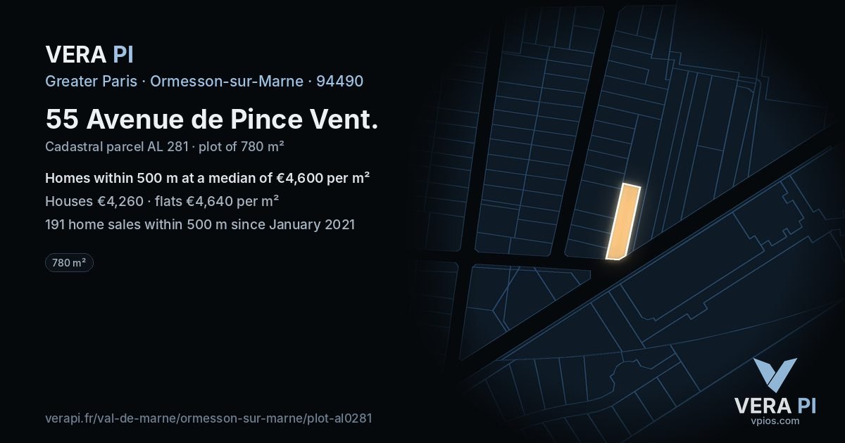 55 Avenue de Pince Vent, Ormesson-sur-Marne at night – the plot lit, the parcels around coloured by the prices near them