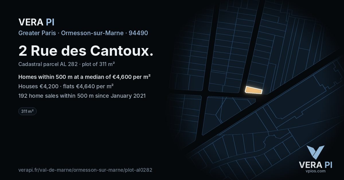 2 Rue des Cantoux, Ormesson-sur-Marne at night – the plot lit, the parcels around coloured by the prices near them