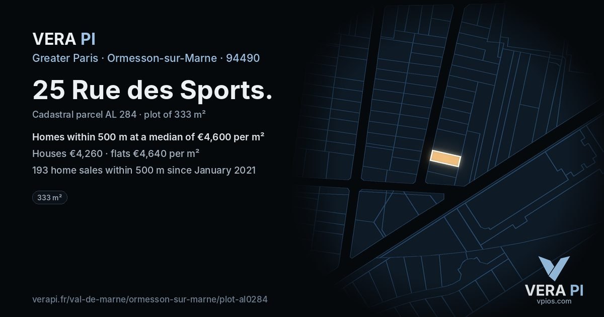 25 Rue des Sports, Ormesson-sur-Marne at night – the plot lit, the parcels around coloured by the prices near them