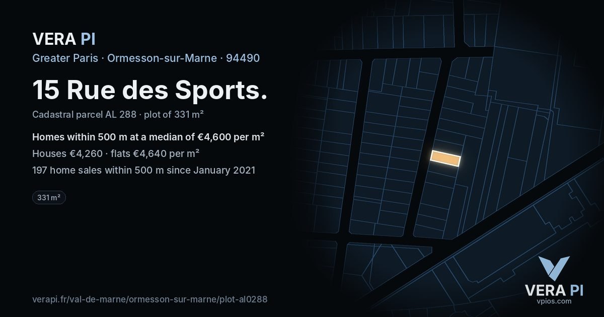 15 Rue des Sports, Ormesson-sur-Marne at night – the plot lit, the parcels around coloured by the prices near them