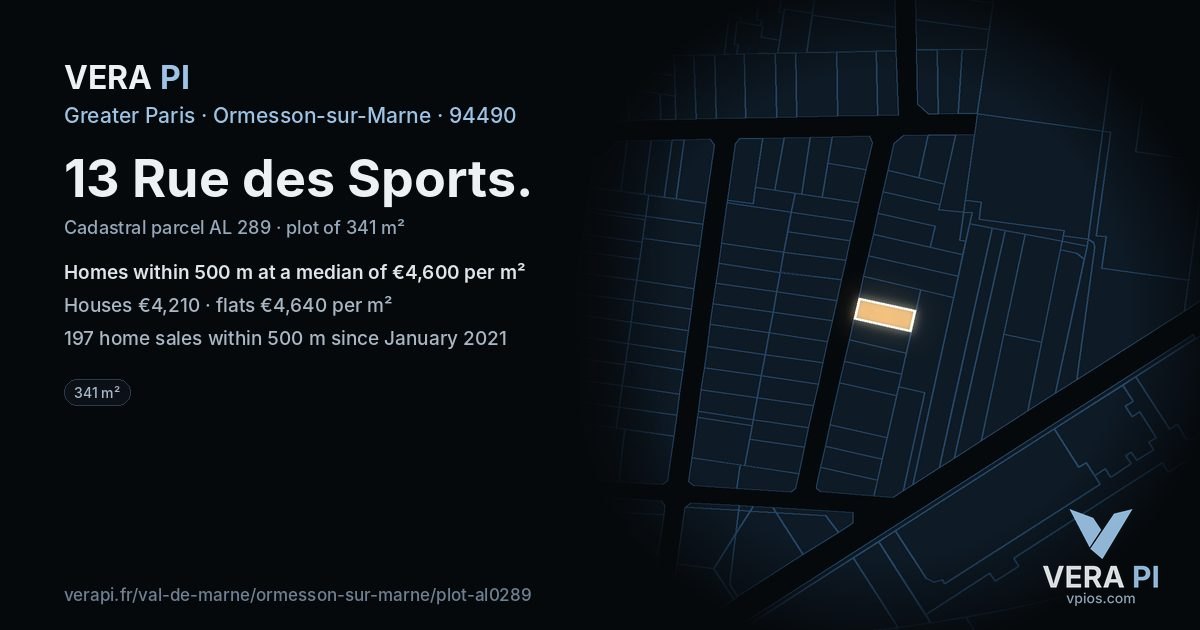 13 Rue des Sports, Ormesson-sur-Marne at night – the plot lit, the parcels around coloured by the prices near them