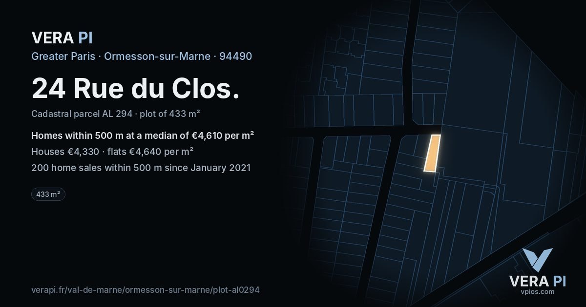 24 Rue du Clos, Ormesson-sur-Marne at night – the plot lit, the parcels around coloured by the prices near them
