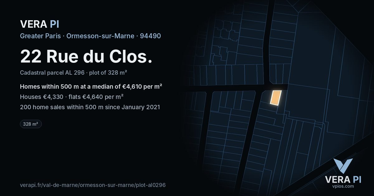 22 Rue du Clos, Ormesson-sur-Marne at night – the plot lit, the parcels around coloured by the prices near them