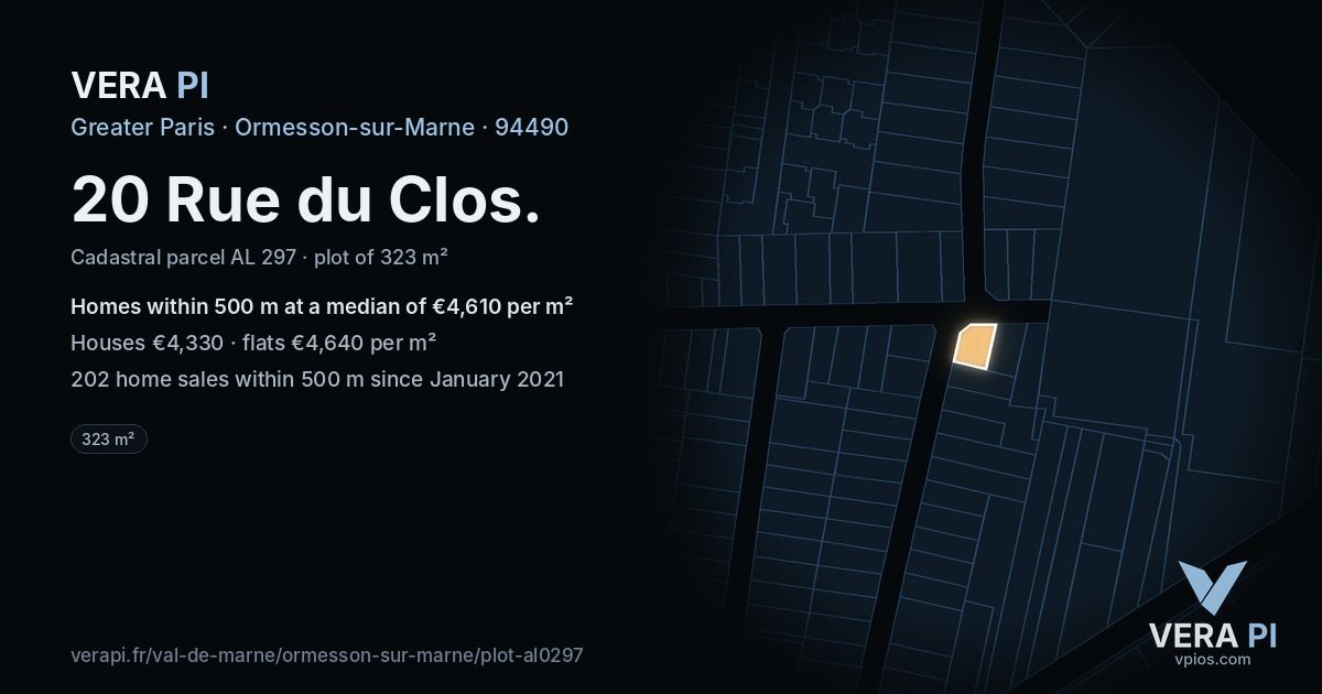 20 Rue du Clos, Ormesson-sur-Marne at night – the plot lit, the parcels around coloured by the prices near them