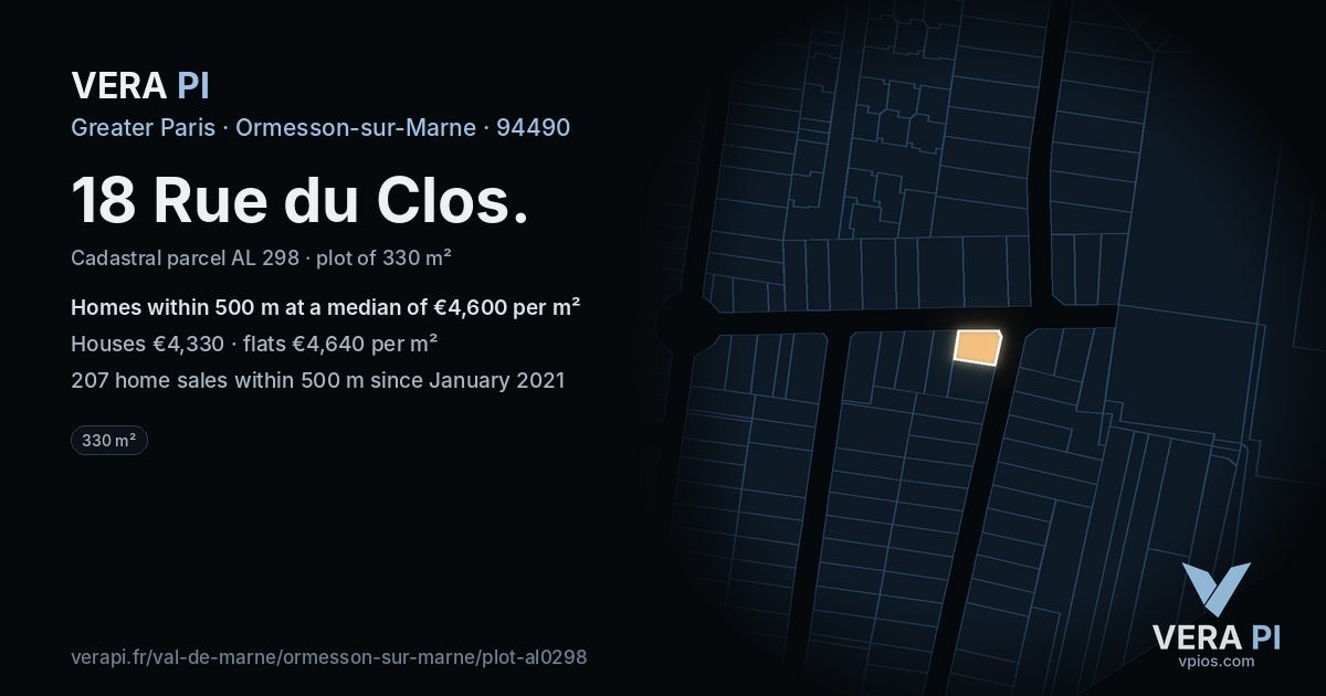 18 Rue du Clos, Ormesson-sur-Marne at night – the plot lit, the parcels around coloured by the prices near them