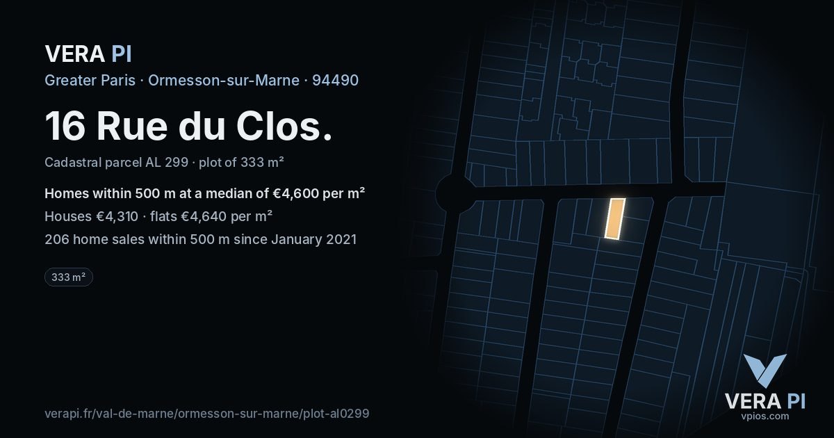 16 Rue du Clos, Ormesson-sur-Marne at night – the plot lit, the parcels around coloured by the prices near them