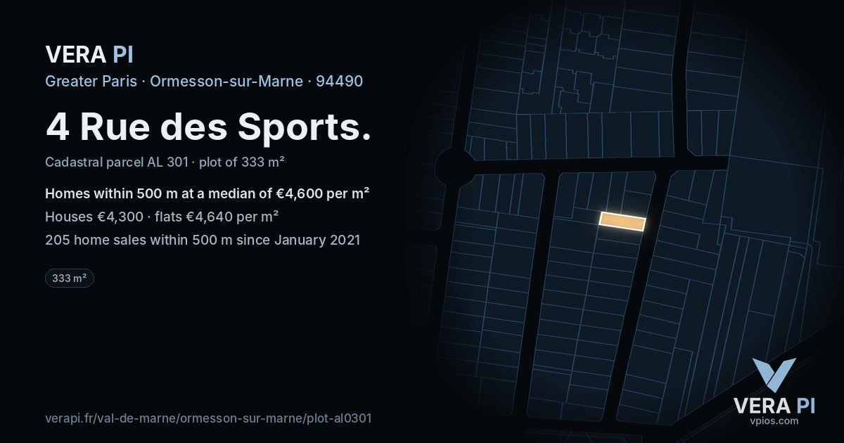 4 Rue des Sports, Ormesson-sur-Marne at night – the plot lit, the parcels around coloured by the prices near them