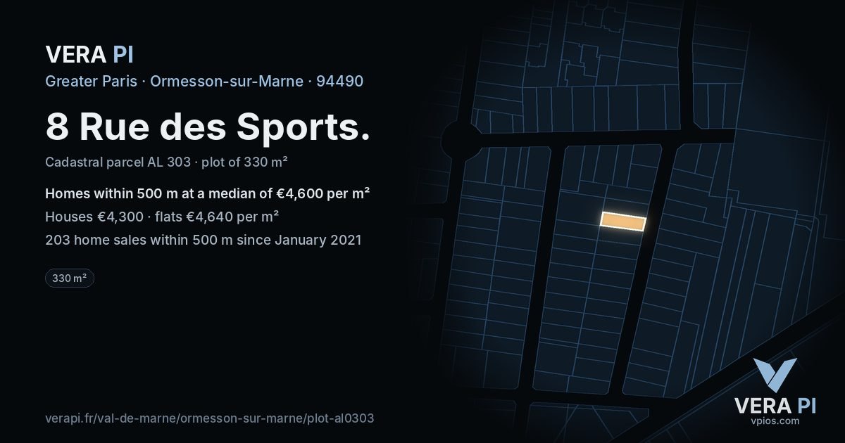 8 Rue des Sports, Ormesson-sur-Marne at night – the plot lit, the parcels around coloured by the prices near them