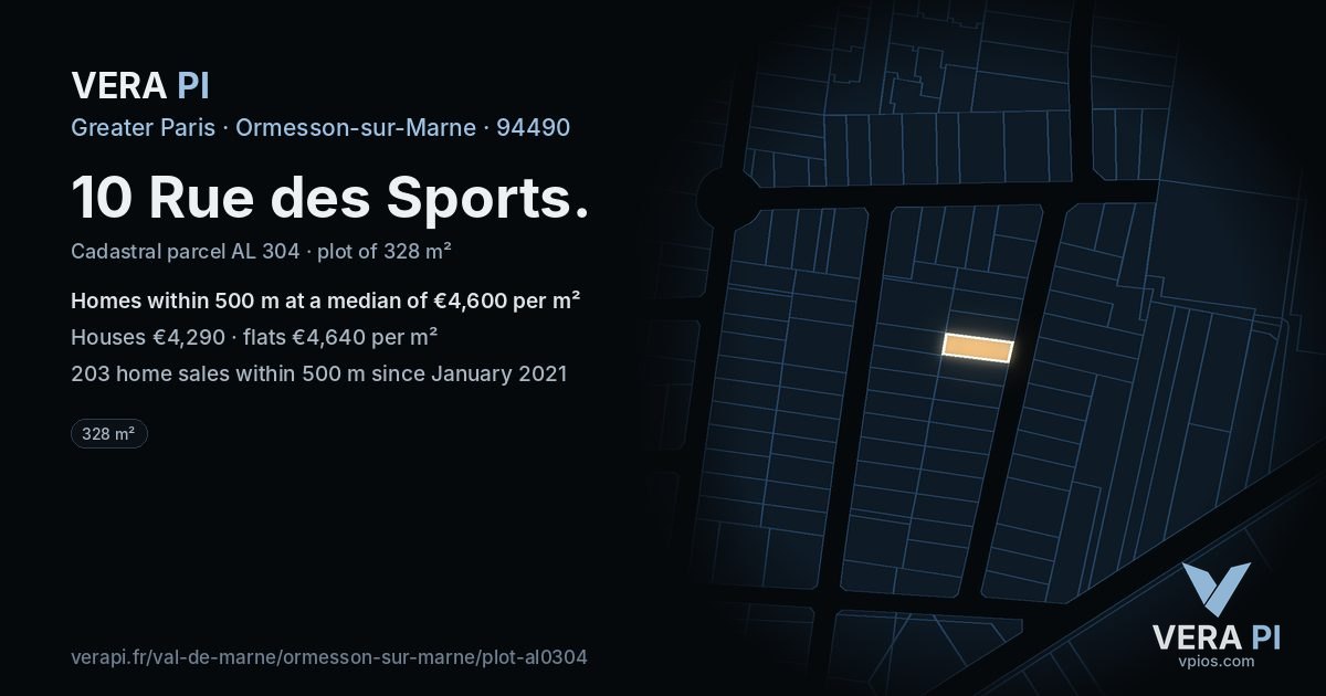 10 Rue des Sports, Ormesson-sur-Marne at night – the plot lit, the parcels around coloured by the prices near them