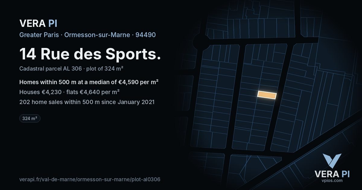 14 Rue des Sports, Ormesson-sur-Marne at night – the plot lit, the parcels around coloured by the prices near them