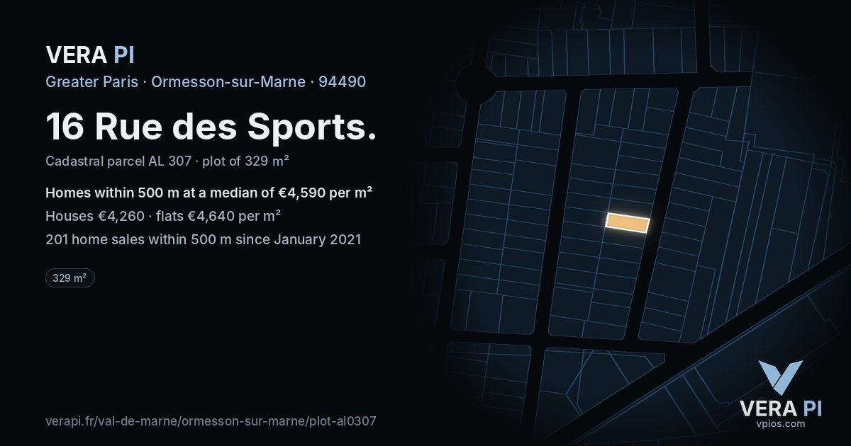 16 Rue des Sports, Ormesson-sur-Marne at night – the plot lit, the parcels around coloured by the prices near them