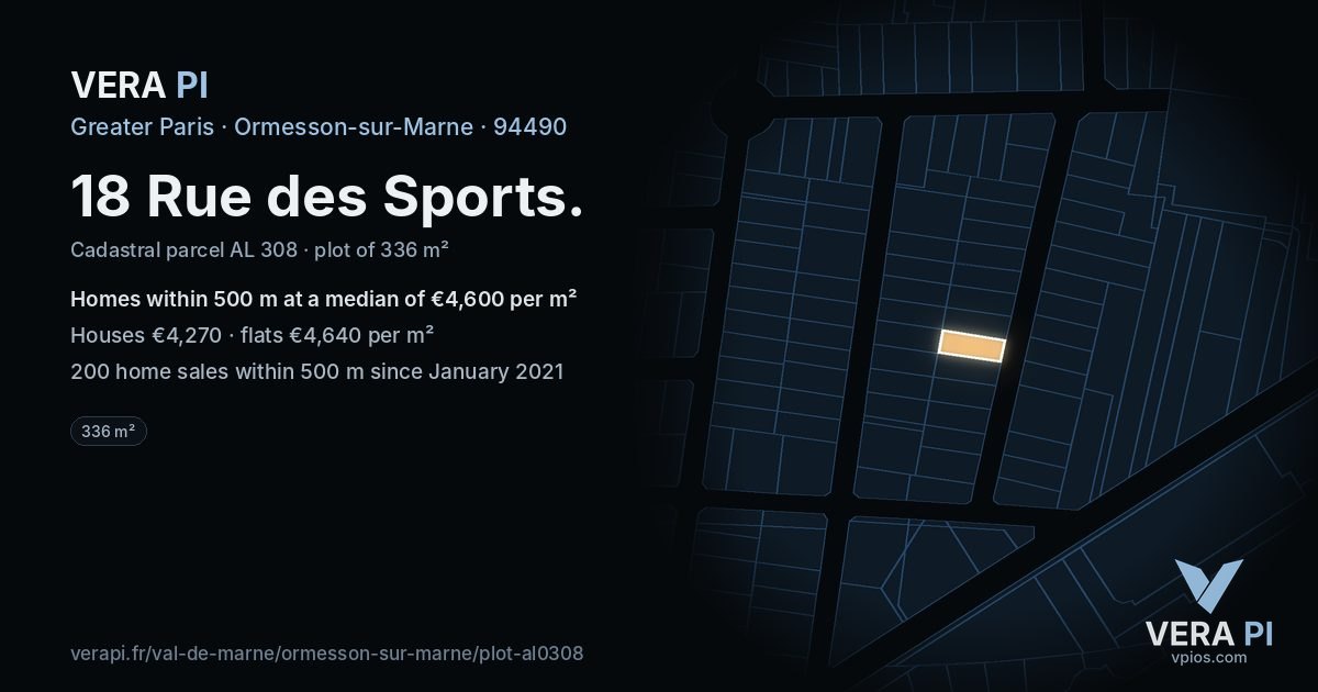 18 Rue des Sports, Ormesson-sur-Marne at night – the plot lit, the parcels around coloured by the prices near them