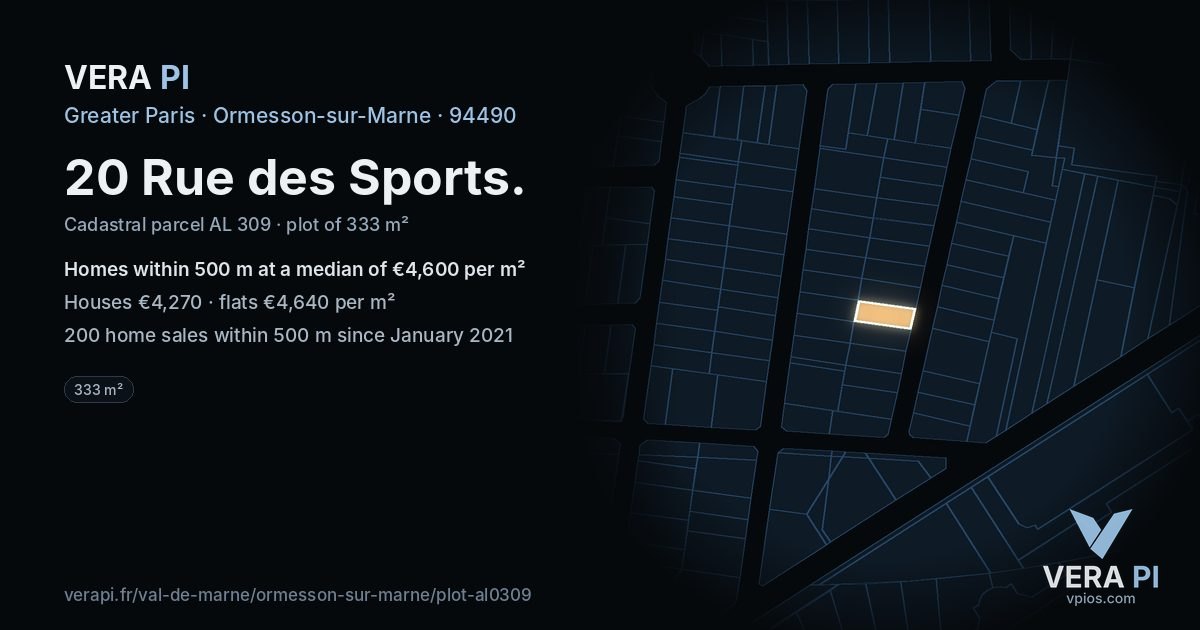20 Rue des Sports, Ormesson-sur-Marne at night – the plot lit, the parcels around coloured by the prices near them