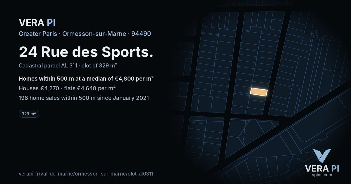 24 Rue des Sports, Ormesson-sur-Marne at night – the plot lit, the parcels around coloured by the prices near them