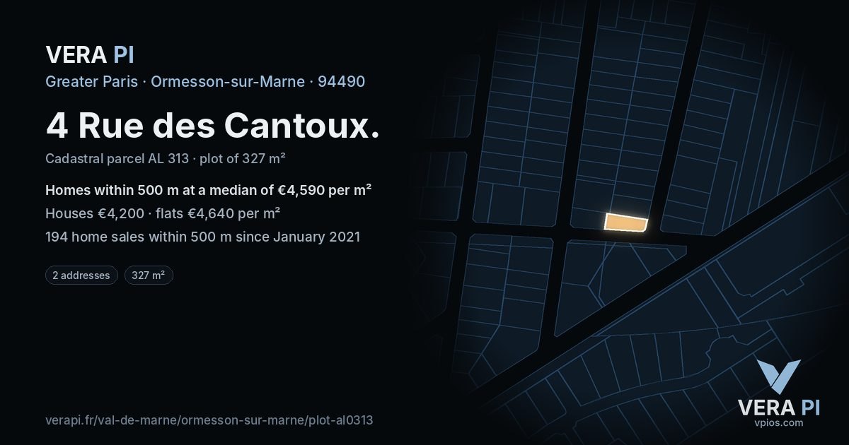 4 Rue des Cantoux, Ormesson-sur-Marne at night – the plot lit, the parcels around coloured by the prices near them