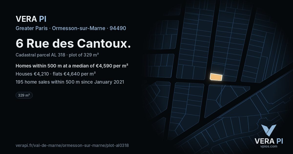 6 Rue des Cantoux, Ormesson-sur-Marne at night – the plot lit, the parcels around coloured by the prices near them