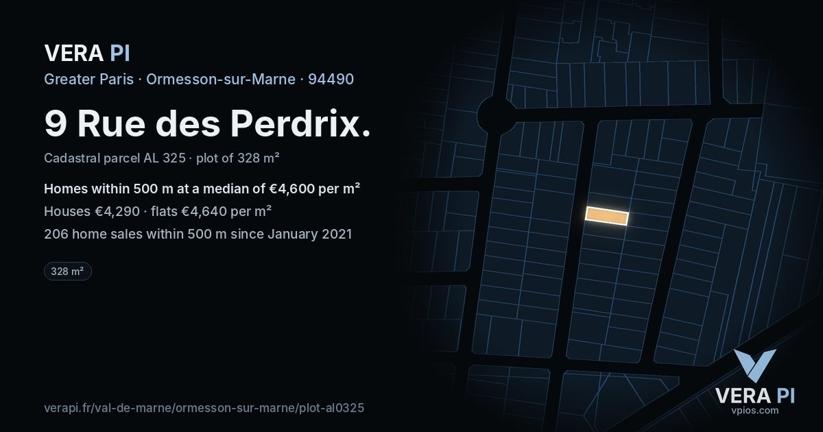 9 Rue des Perdrix, Ormesson-sur-Marne at night – the plot lit, the parcels around coloured by the prices near them