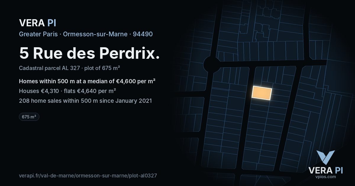 5 Rue des Perdrix, Ormesson-sur-Marne at night – the plot lit, the parcels around coloured by the prices near them
