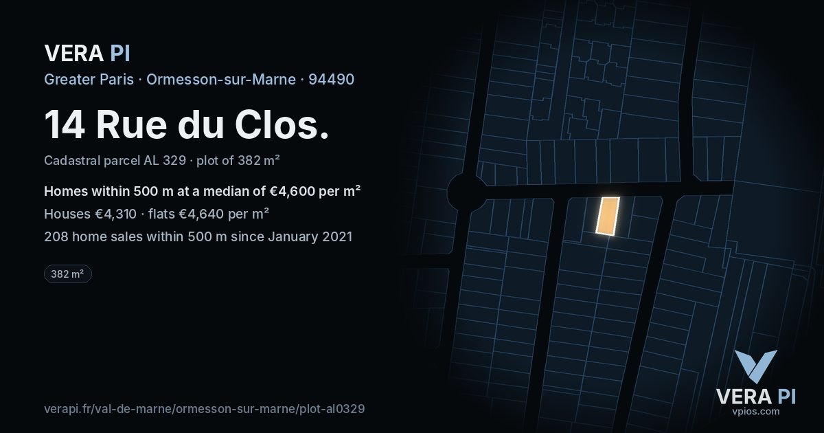 14 Rue du Clos, Ormesson-sur-Marne at night – the plot lit, the parcels around coloured by the prices near them