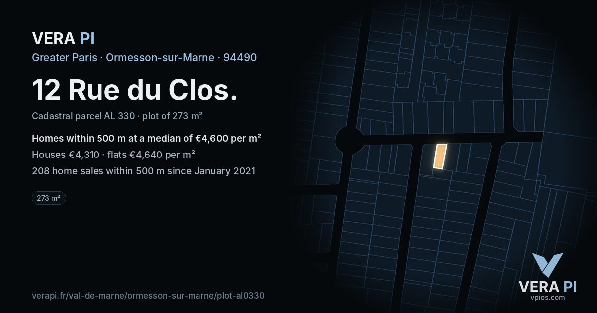 12 Rue du Clos, Ormesson-sur-Marne at night – the plot lit, the parcels around coloured by the prices near them