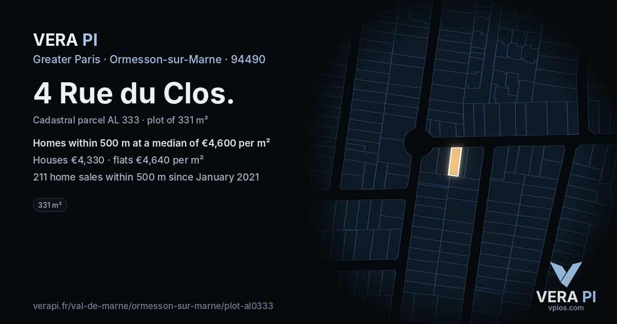 4 Rue du Clos, Ormesson-sur-Marne at night – the plot lit, the parcels around coloured by the prices near them