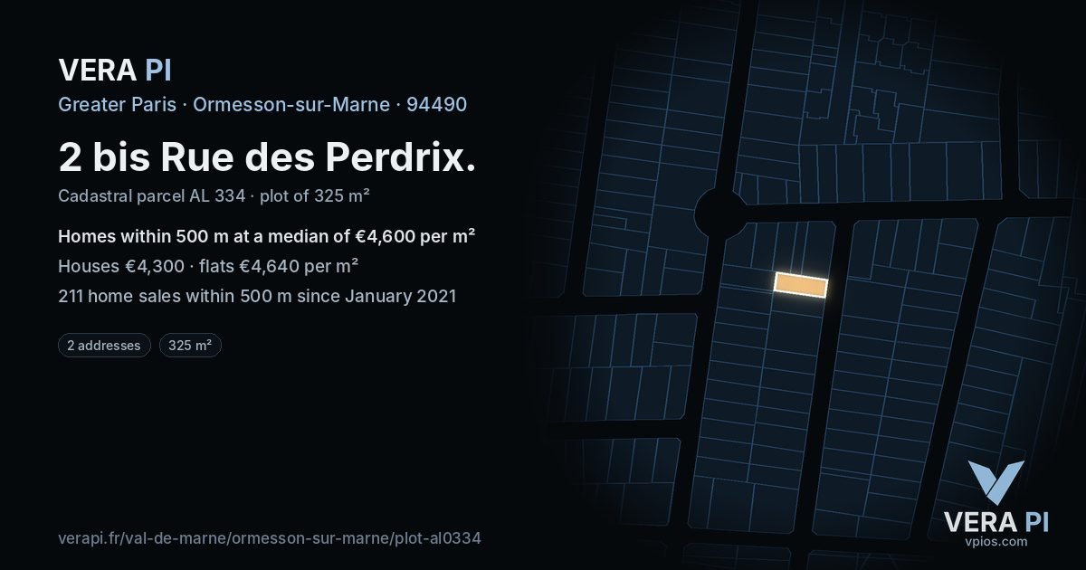 2 bis Rue des Perdrix, Ormesson-sur-Marne at night – the plot lit, the parcels around coloured by the prices near them