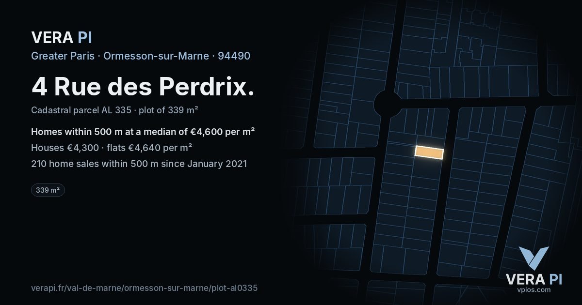 4 Rue des Perdrix, Ormesson-sur-Marne at night – the plot lit, the parcels around coloured by the prices near them
