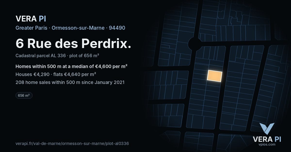 6 Rue des Perdrix, Ormesson-sur-Marne at night – the plot lit, the parcels around coloured by the prices near them