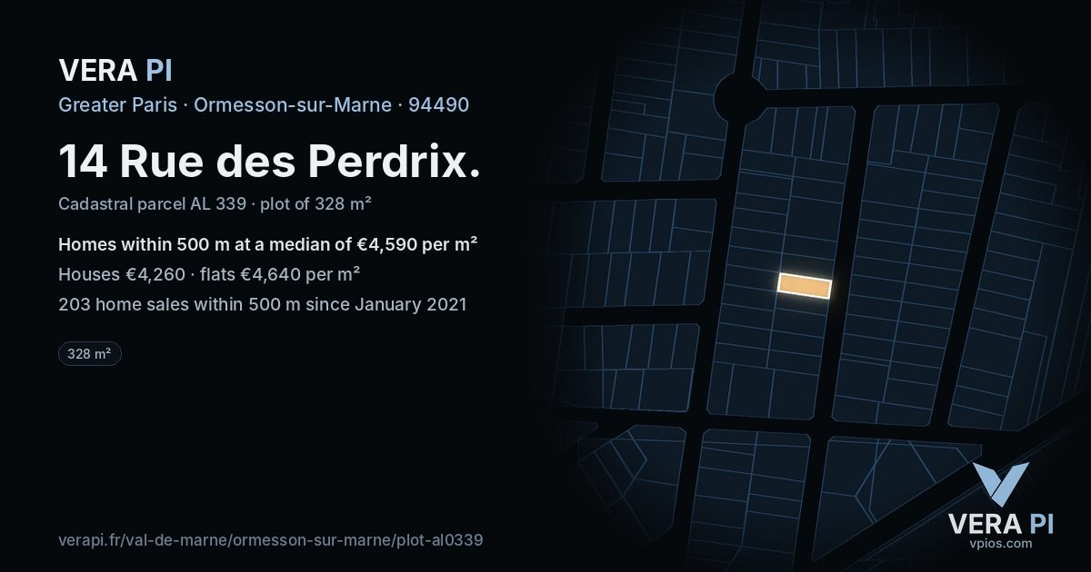14 Rue des Perdrix, Ormesson-sur-Marne at night – the plot lit, the parcels around coloured by the prices near them