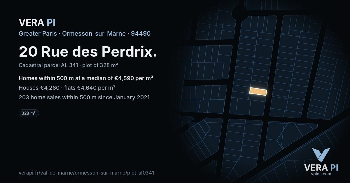 20 Rue des Perdrix, Ormesson-sur-Marne at night – the plot lit, the parcels around coloured by the prices near them