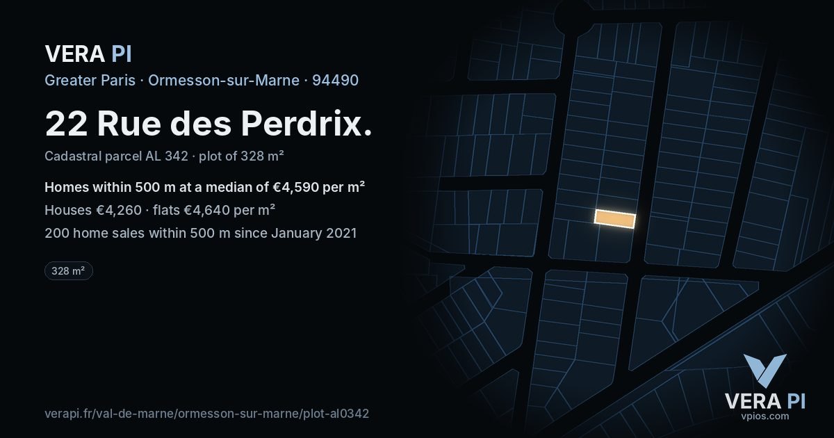 22 Rue des Perdrix, Ormesson-sur-Marne at night – the plot lit, the parcels around coloured by the prices near them