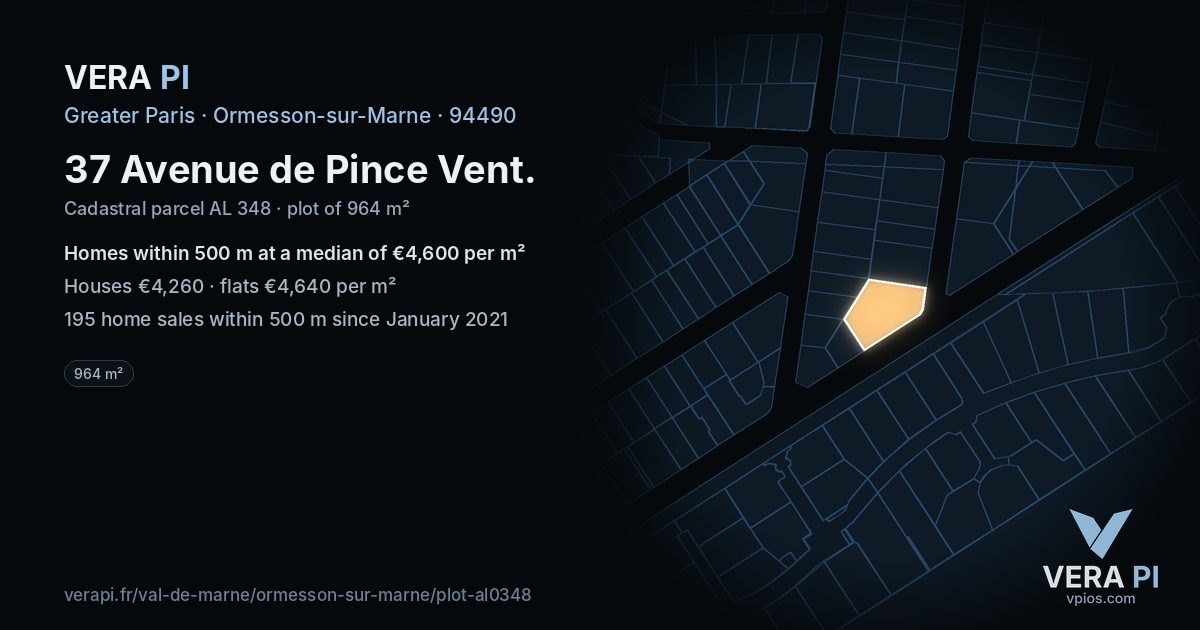 37 Avenue de Pince Vent, Ormesson-sur-Marne at night – the plot lit, the parcels around coloured by the prices near them