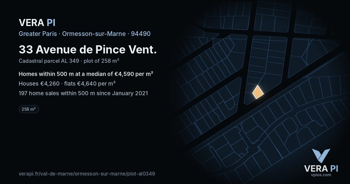 33 Avenue de Pince Vent, Ormesson-sur-Marne at night – the plot lit, the parcels around coloured by the prices near them